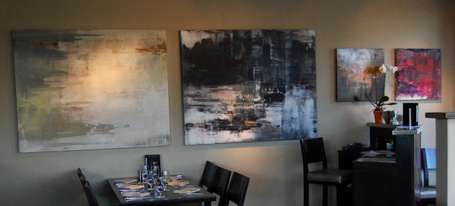 Four abstract landscapes from the collection at Mezzo restaurant in Stockton, CA. Left to right: Follow Through (48x60), Turning and Turning (48x60), Carrying Green (30x30), Call Me (30x30).