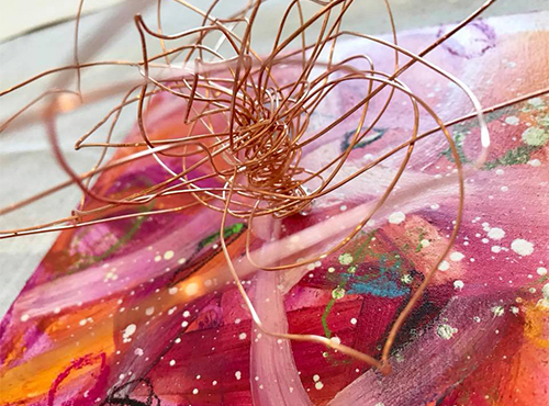 Sculptural piece by Jill McLean / Copper wire, chalk pastel, oil wash, paper, mounted on board / 2018