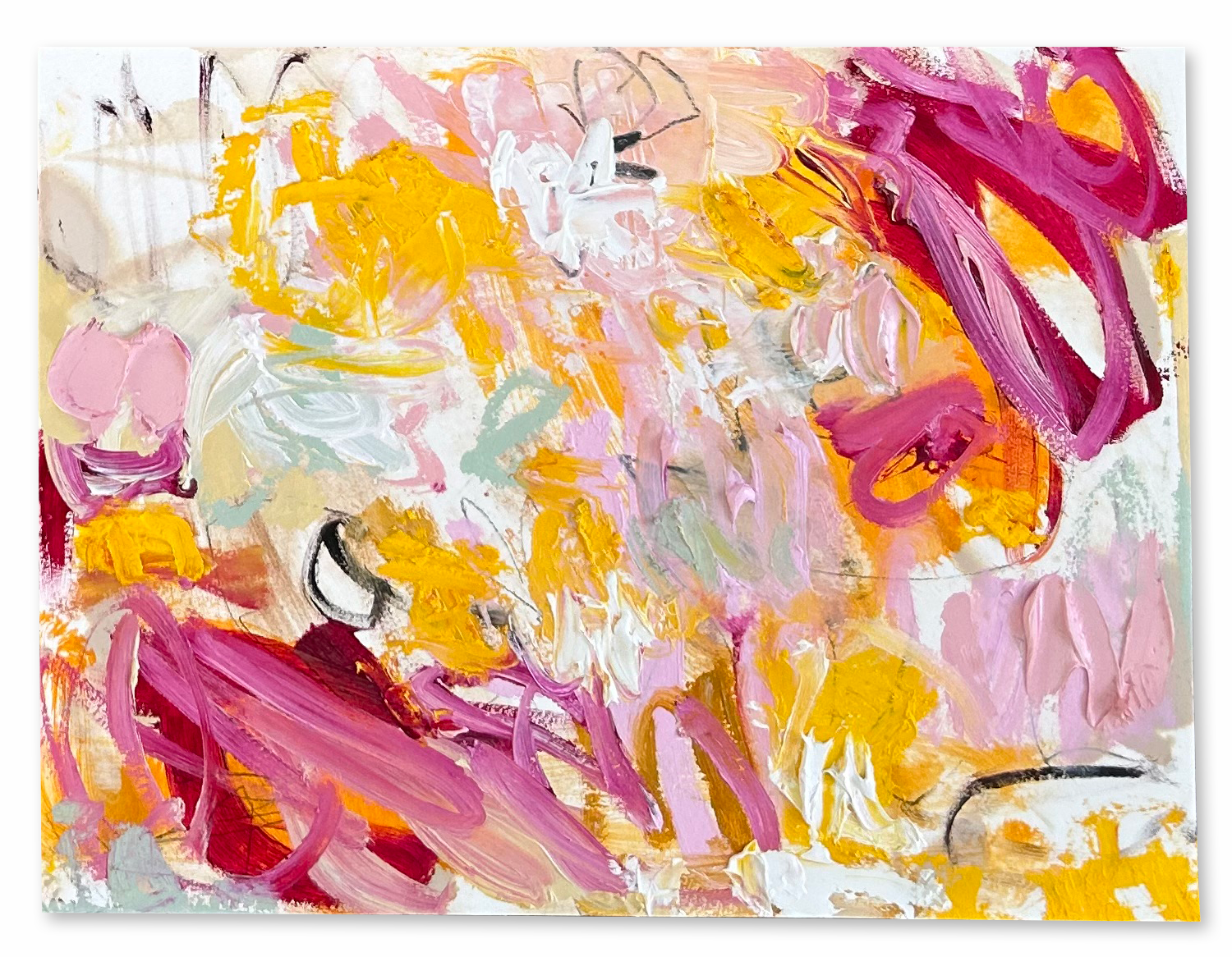 Abstract joyful pink, yellow and celadon painting on paper; graphite, oil stick, oil paint.