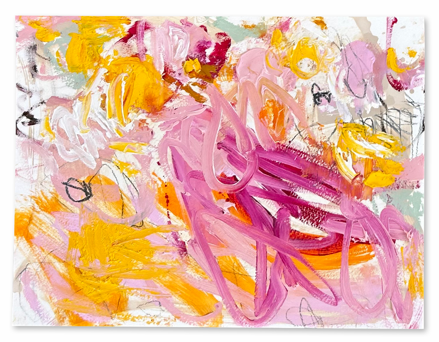 Abstract joyful pink, yellow and celadon painting on paper; graphite, oil stick, oil paint.