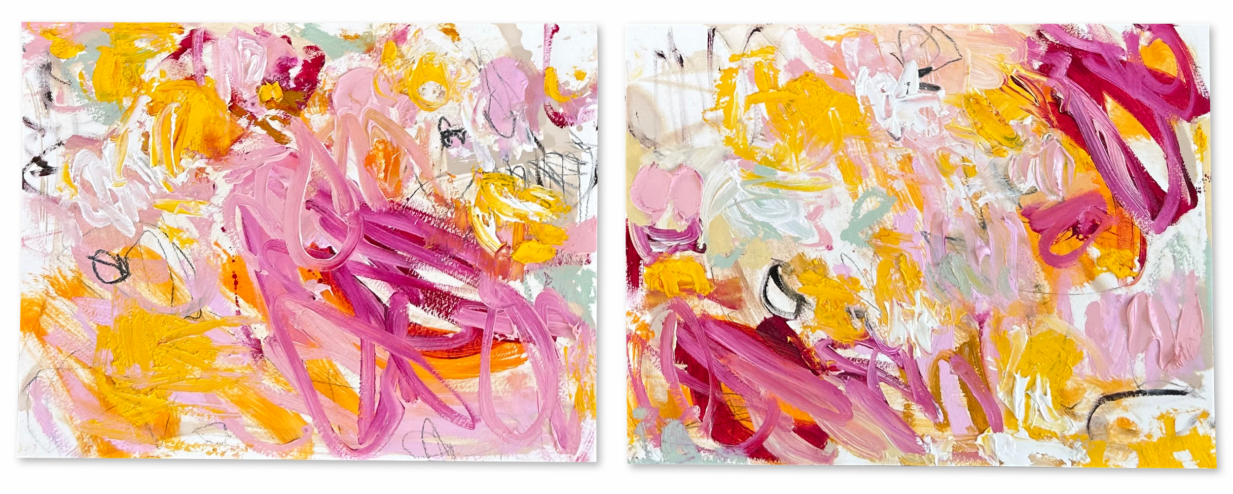 Set of abstract joyful pink, yellow and celadon paintings on paper; graphite, oil stick, oil paint.