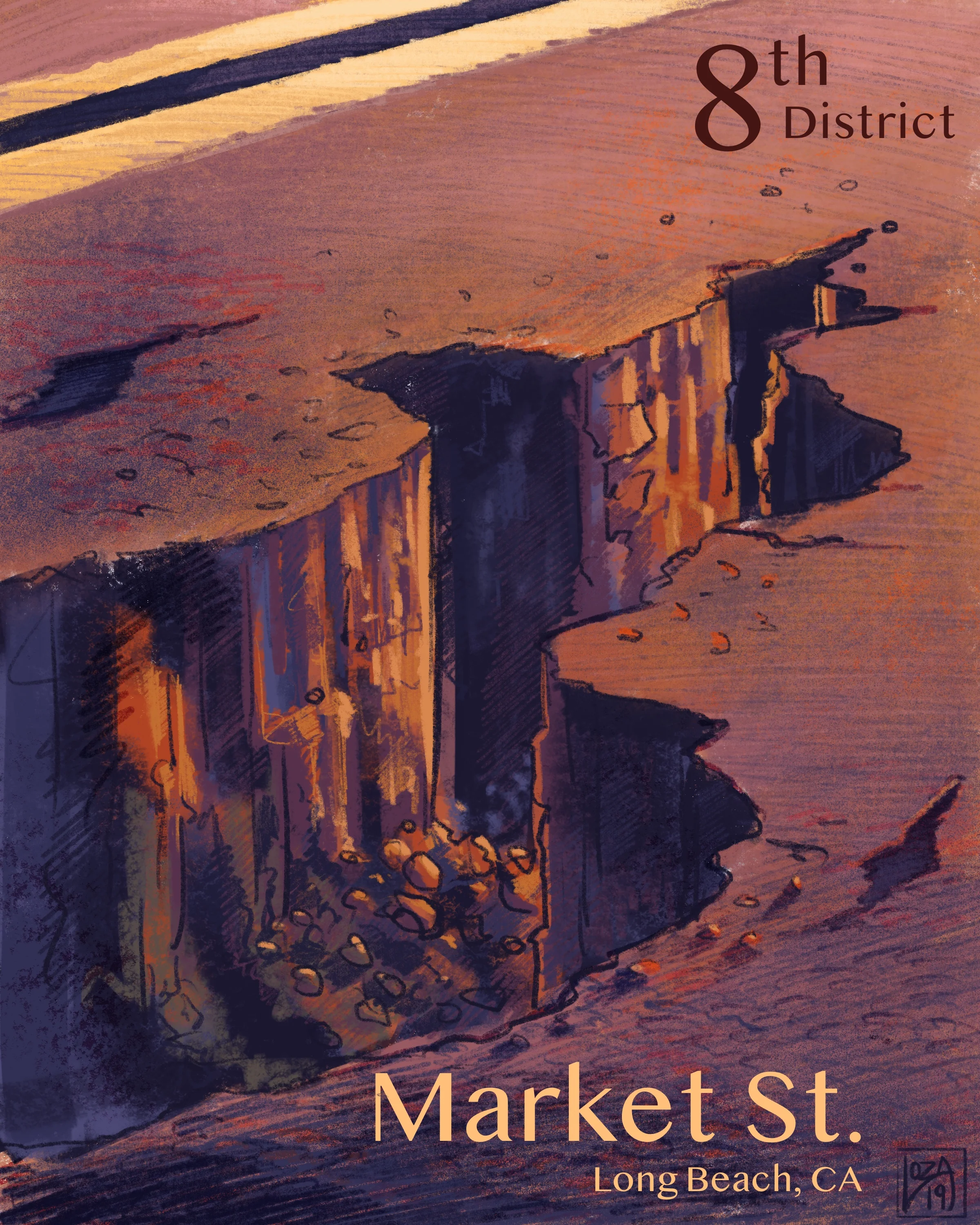 Here is the first of a series of digital illustrations meant to highlight areas affected in my neighborhood. This first illustration is based on promotional advertisements used to bring in tourists to the national parks, with a twist. The theme is Potholes on Market St. in North Long Beach. I chose to first address this to test the ground of what highlighting an un repaired public utility could do to getting the problem resolved.