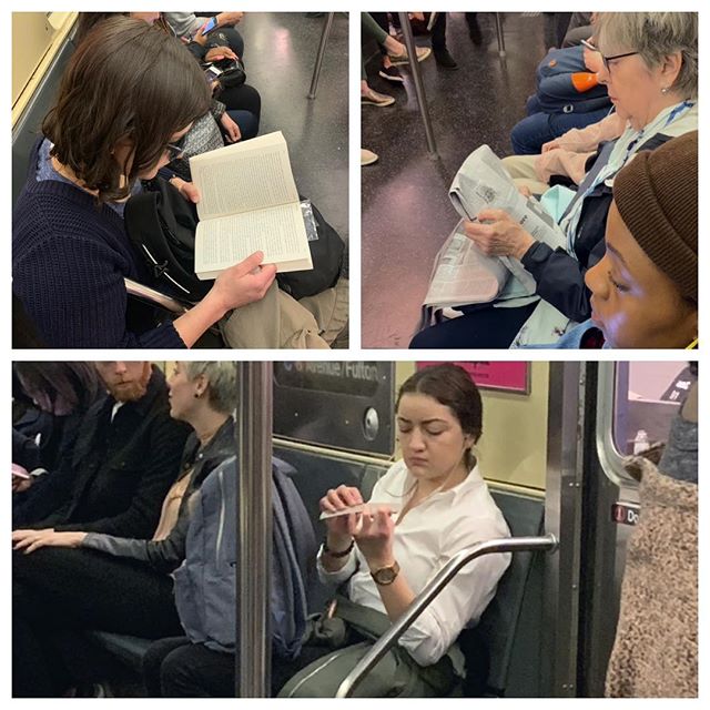 Analog reading is alive and well in the NY City subway. The same goes for personal grooming. #subway #readingbooks