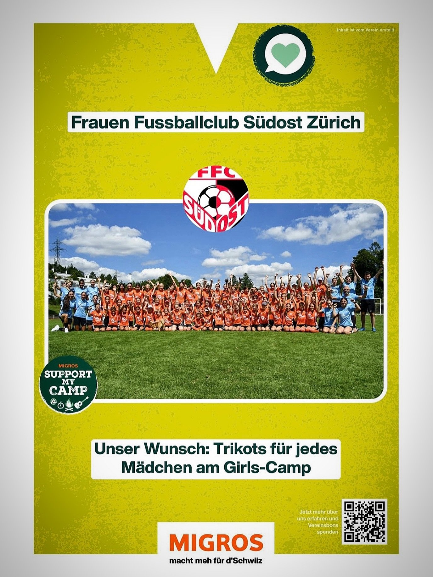 Jeder Bon z&auml;hlt! Unterst&uuml;tzt den FFC S&uuml;dost Z&uuml;rich mit eurem Migros-Einkauf! ⚽❤️

2026 sind wir Teil der Migros-F&ouml;rderaktion #supportmycamp und z&auml;hlen auf euch.

So einfach geht&rsquo;s:
Vom 5. Februar bis 15. April 2026