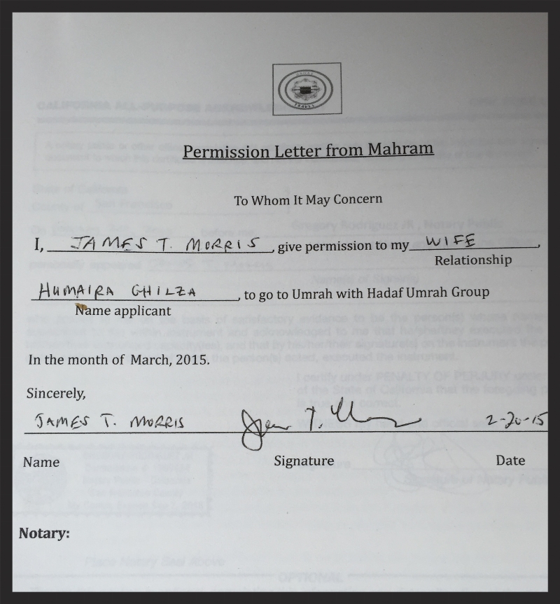 Jim's notarized permission slip for my trip
