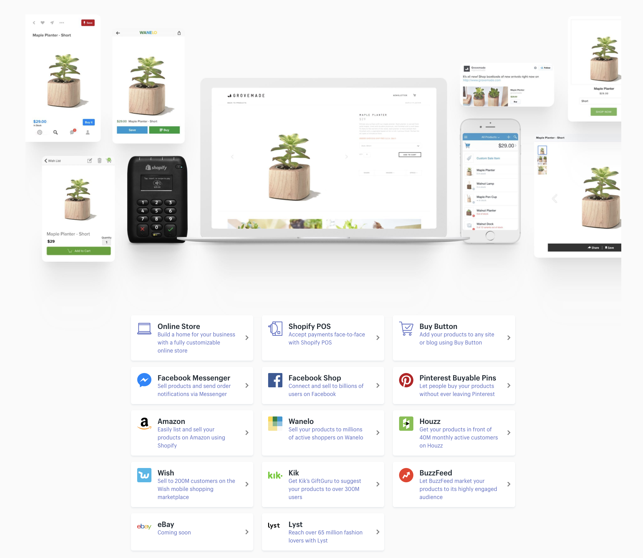 Sampling of Shopify Sales Channels available to all merchants. Source: https://www.shopify.com/channel