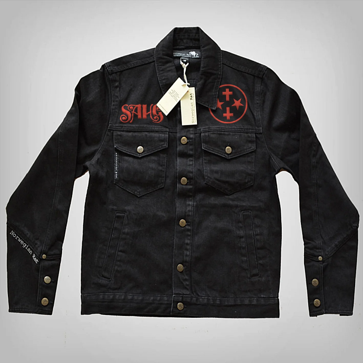 black and red denim jacket