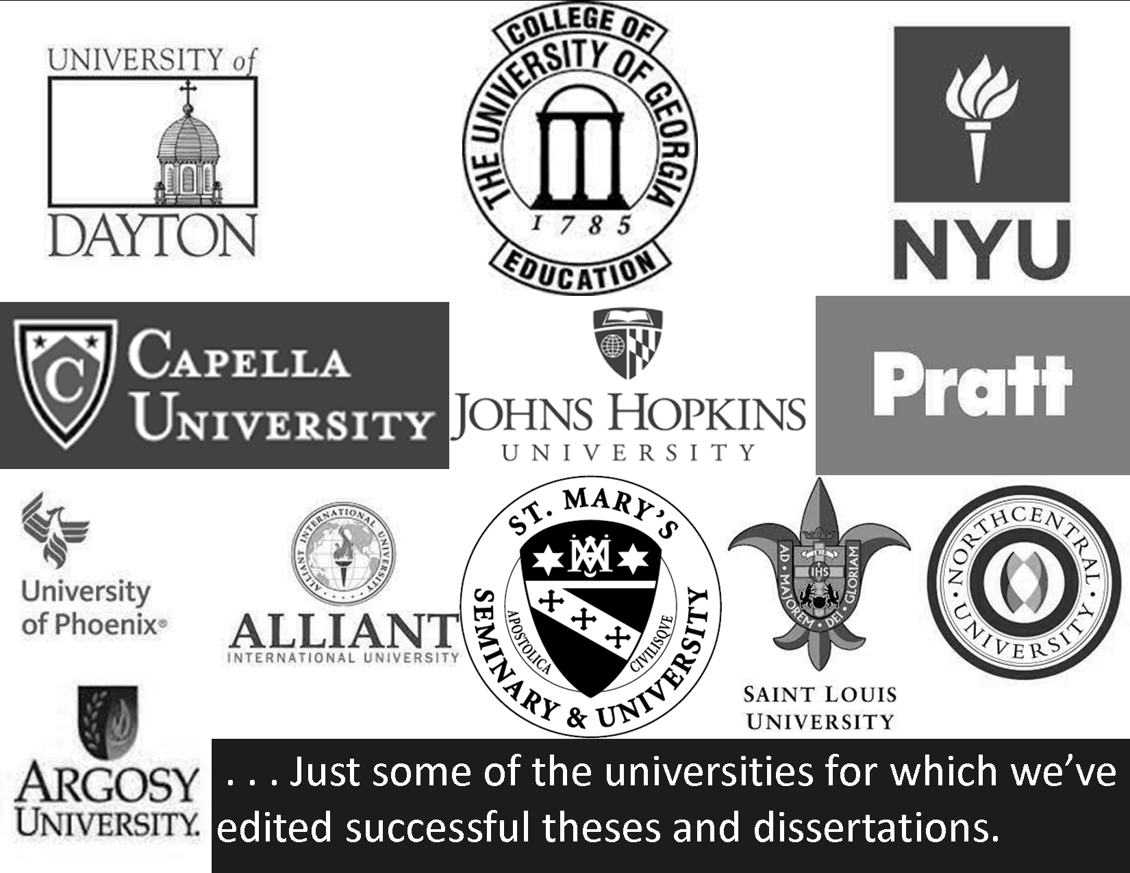 Use of these logos does not imply sponsorship or endorsement, but only indicates that clients have used our services to successfully complete dissertations/theses at these schools.
