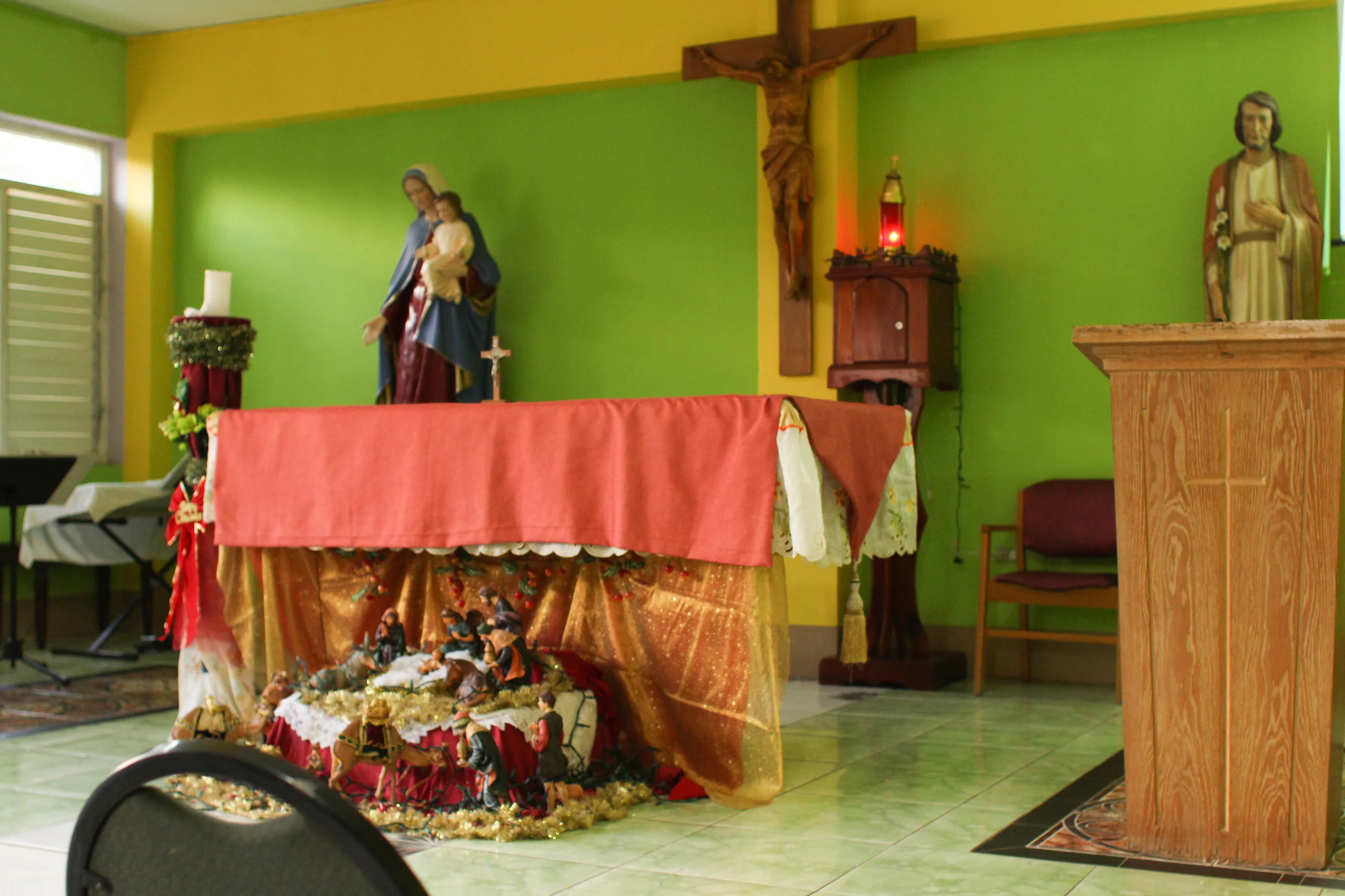 The brothers paint in vivid colors everywhere, even their chapel, because "colored paint cost the same as black paint," as Fr. Ho Lung pointed out.