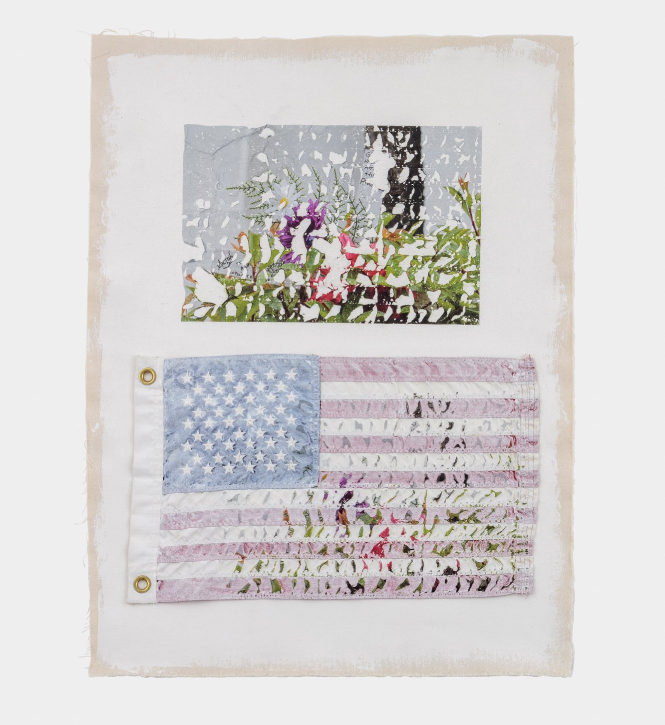 Our Flag Was Still There No. 2, 2023, American Flag, Acrylic Primer, Grommets and Archival Pigment on Canvas, 30x22in