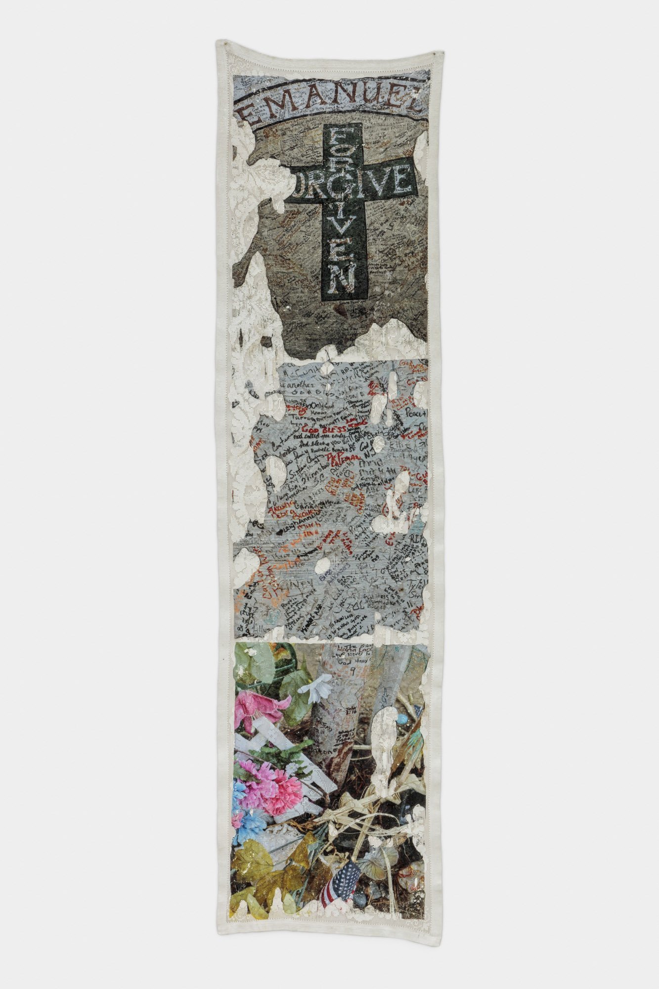 Our Flag Was Still There No. 4, 2023, Antique Runner, Acrylic Primer, Grommets, 54x13in
