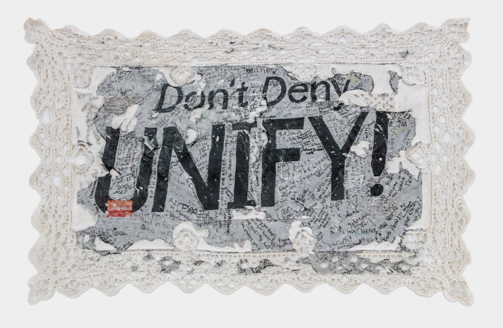 Our Flag Was Still There No. 11, 2023, Antique Placemat, Acrylic Primer and Archival Pigment, 7x13.5in