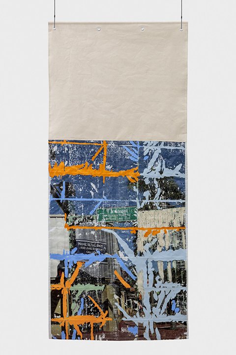 Divisions No. 12, 2023, Archival Pigment and Acrylic Paint on Tarp and Canvas with Grommets, 87.5x38.5in