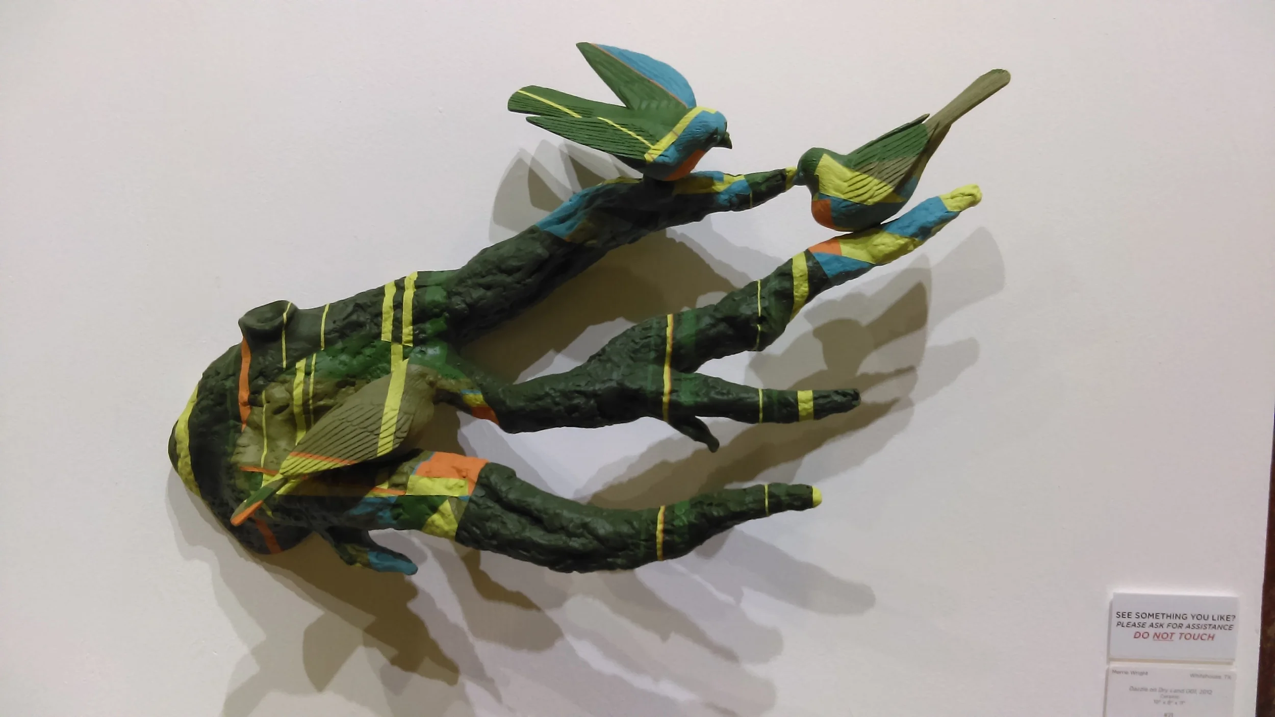 Dazzle on Dry Land 002 Merrie Wright , 2012 (Ceramic). I was fortunate to meet this artist during the reception. She noted that all of the colors applied are glaze, not paint (very difficult, any ceramacist will attest) and that the work is exploring the use of camouflage in nature and life.