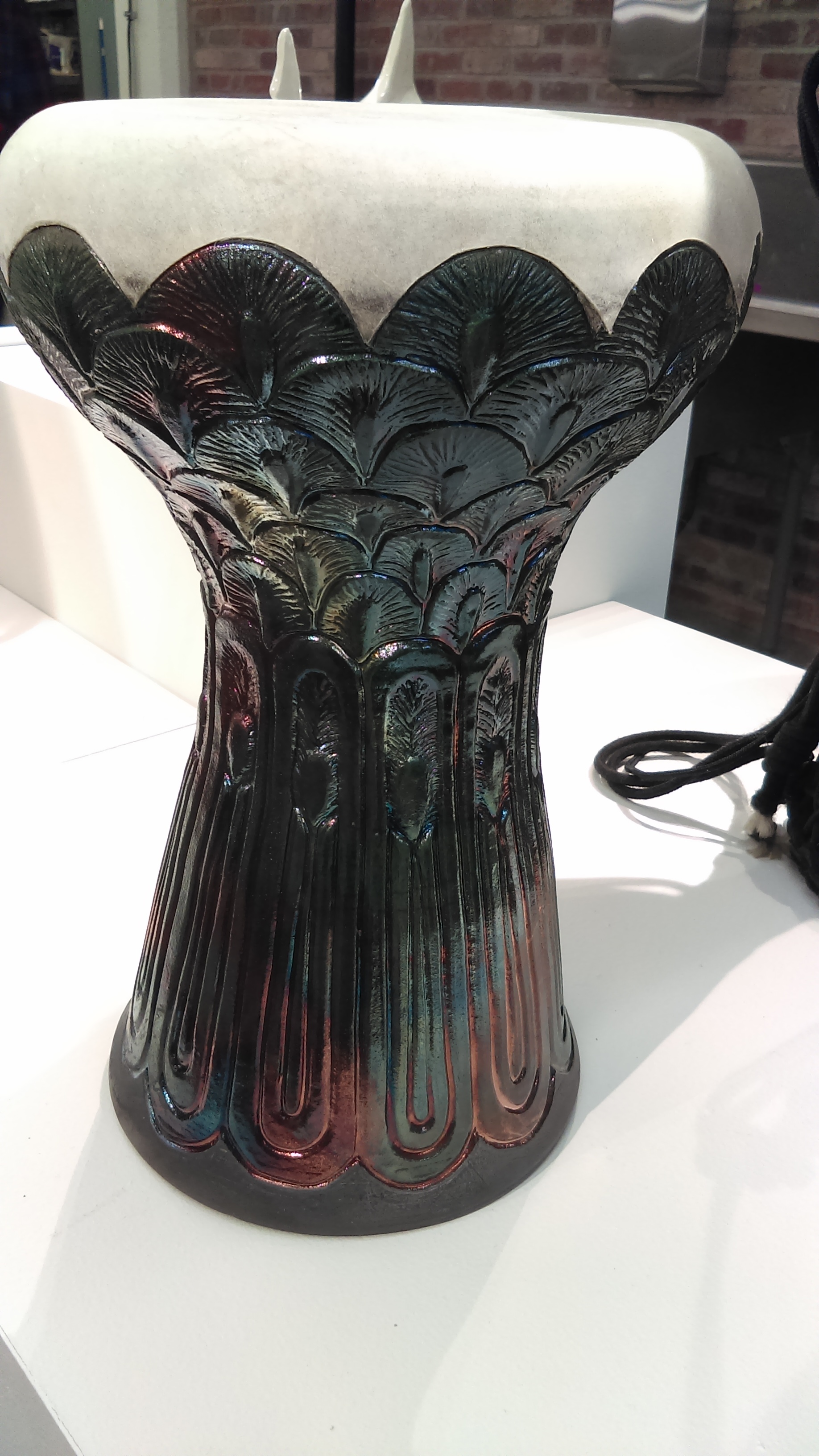 Carved Goblet Drum Helen Moore, 2016 (Raku-fired stoneware, goat skin). Ah Ha! Drums as art, and raku no less. I’ll need to study how she attached the drum head.