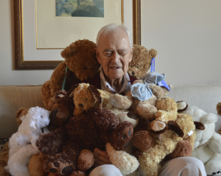 Dad at his 100th Birthday party in December, 2014. Teddy Bears were donated to the Huntington Beach Police Department for officers to give to neglected and abused children who are put into protective custody. The program is now known as "Bruce's Bears."