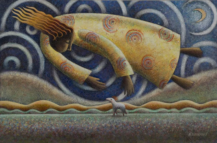 DreamCatcher Acrylic/collage on canvas, matted. 16” x 11”.