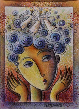 Jumping for Joy Acrylic/colored pencil on paper, matted. 5” x 7”.