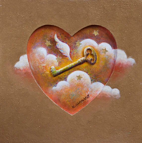 Inspiration Acrylic/collage on paper, gold painted wooden frame. 5” x 5”.