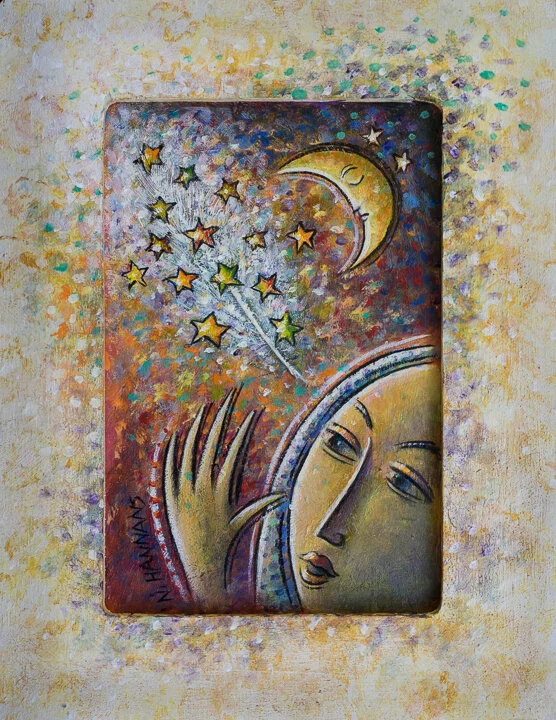 Starry Feather Acrylic/collage on paper, painted wooden frame. 5” x 7”.
