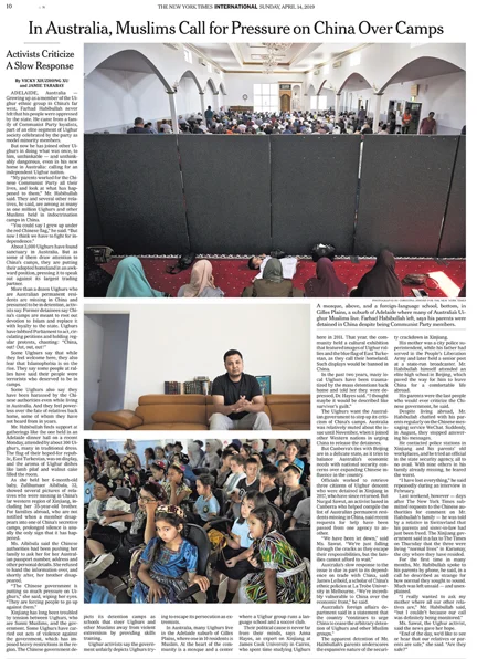 The New York Times - International Newspaper - In Australia, Muslims Call for Pressure on China Over Missing Relatives - Adelaide, Australia 13 April 2019