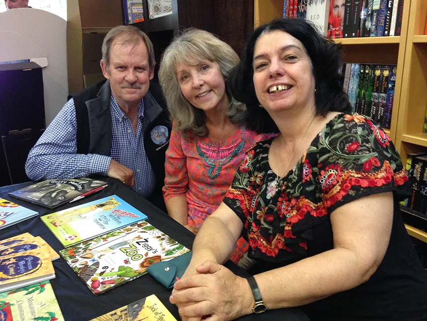 My wonderful, talented and extremely busy publishers Peter and Kathy Creamer (Little Pink Dog Books) and Sophie Masson (Christmas Press).