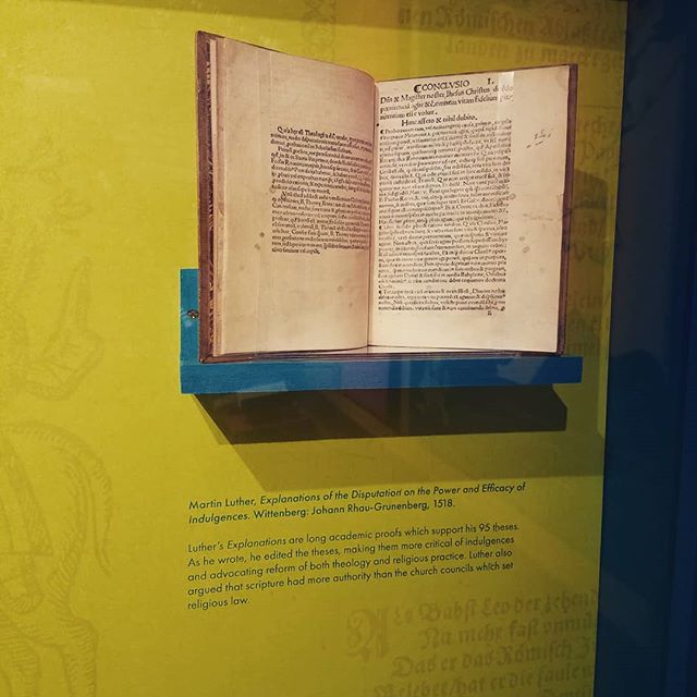 My wife and i took a walk around #BYU for fun. We stopped at the #library where there was a display of a dozen books from #martinluther and the arguments against him on display. #history #books