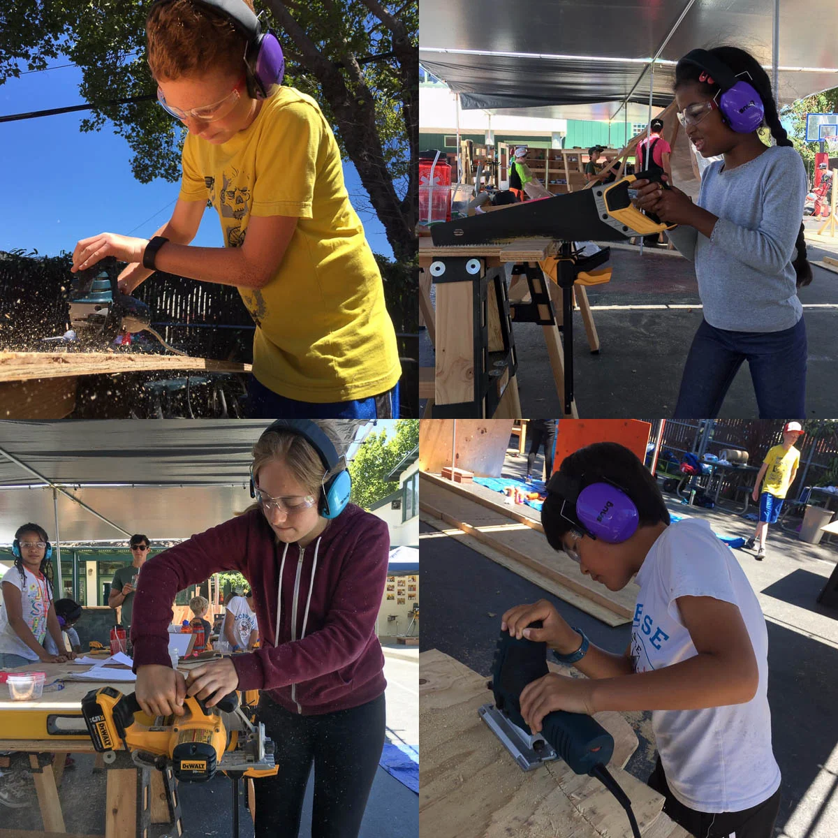 Both Carter (top left) and Aaron (bottom right) use the jigsaw to create parts and props for this weeks project. Shohum (bottom left) uses the skilsaw to carefully cut walls for the time machine whilst Zara (top right) finds the hand saw helpful to cut out buttons and design details.