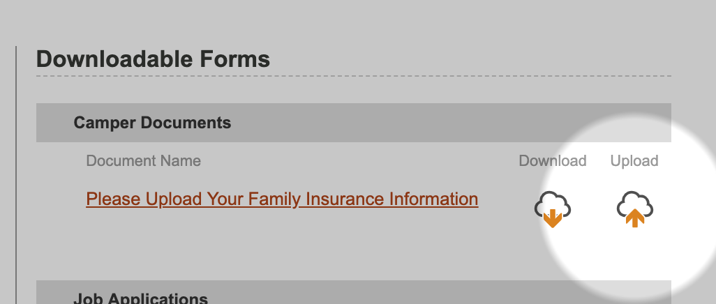 3. On the document center page please click the Upload button next to the upload family medical insurance card prompt. It can be found on the right hand side of the document center page.