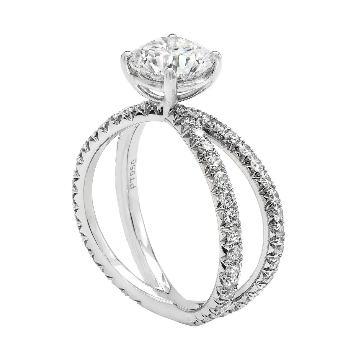 1.61 carat Round Brilliant Cut Diamond Twisted Shank Ring; 2.53 carat total weight. Set in platinum.