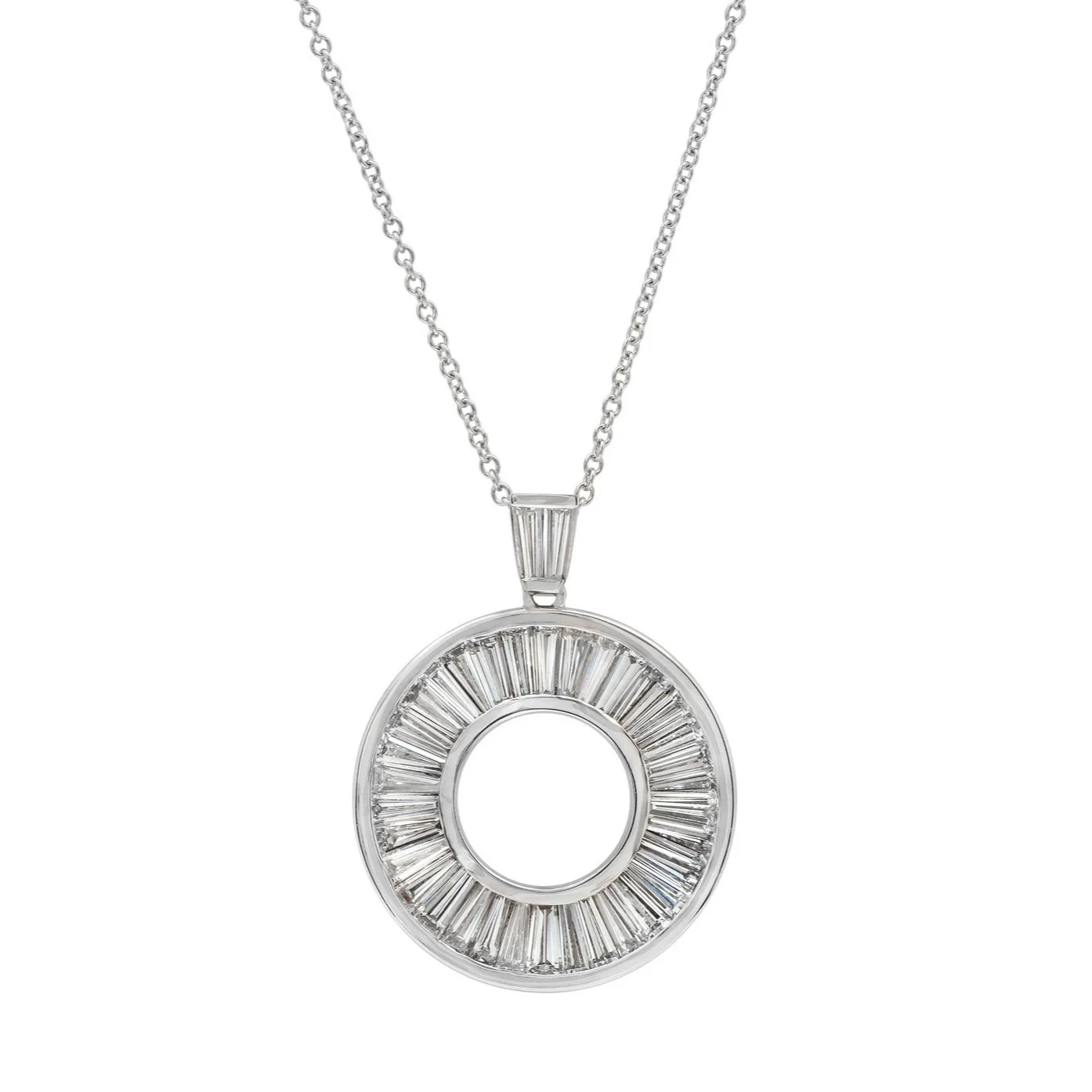 2.80 carat Tapered Baguette Circle Pendant with bale. Set in 18k white gold. 
