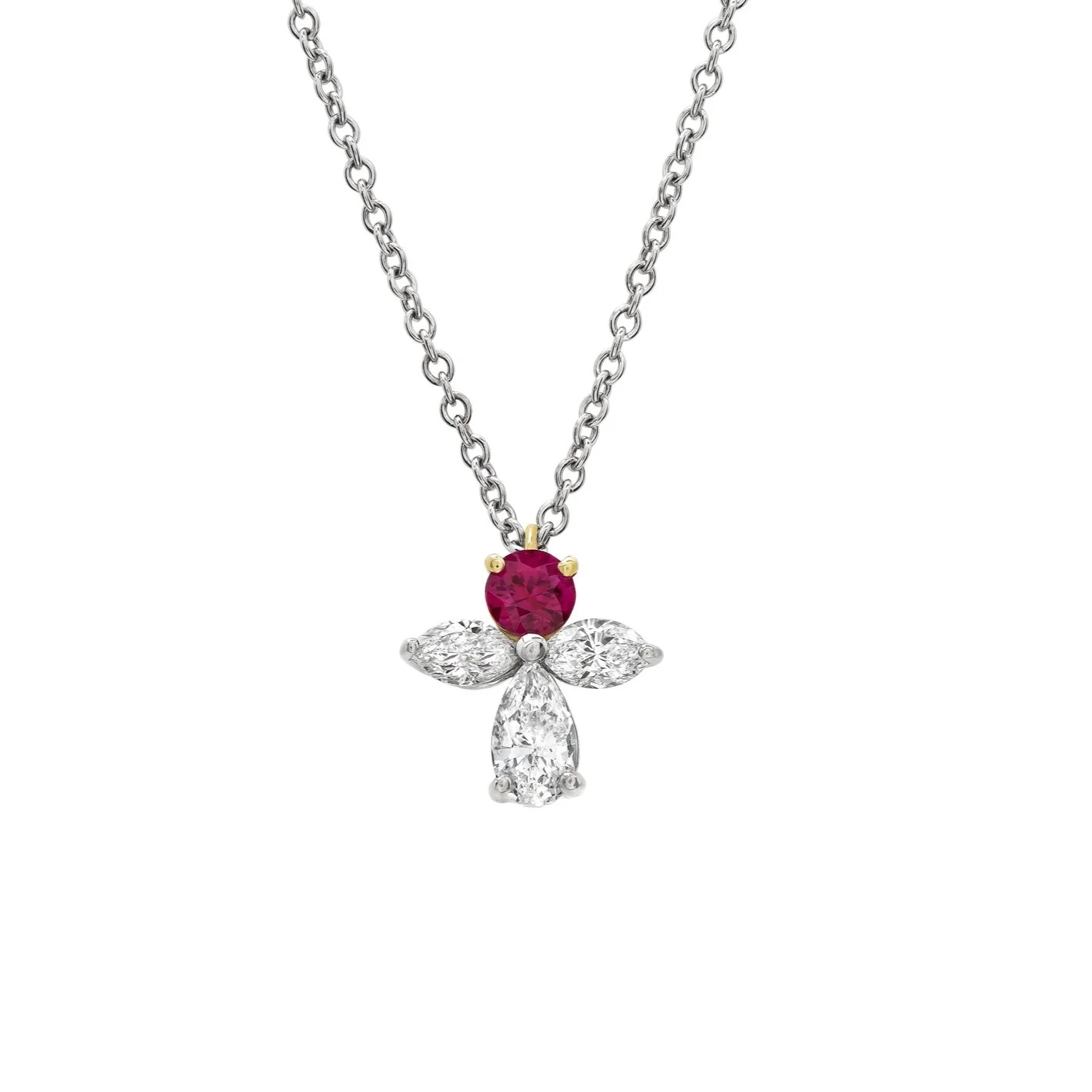 Ruby Angel Pendant; featuring one 0.34 carat Round Ruby and 0.89 carats of Marquise Cut and Pear Cut Diamonds. Set in 18k white and yellow gold.
