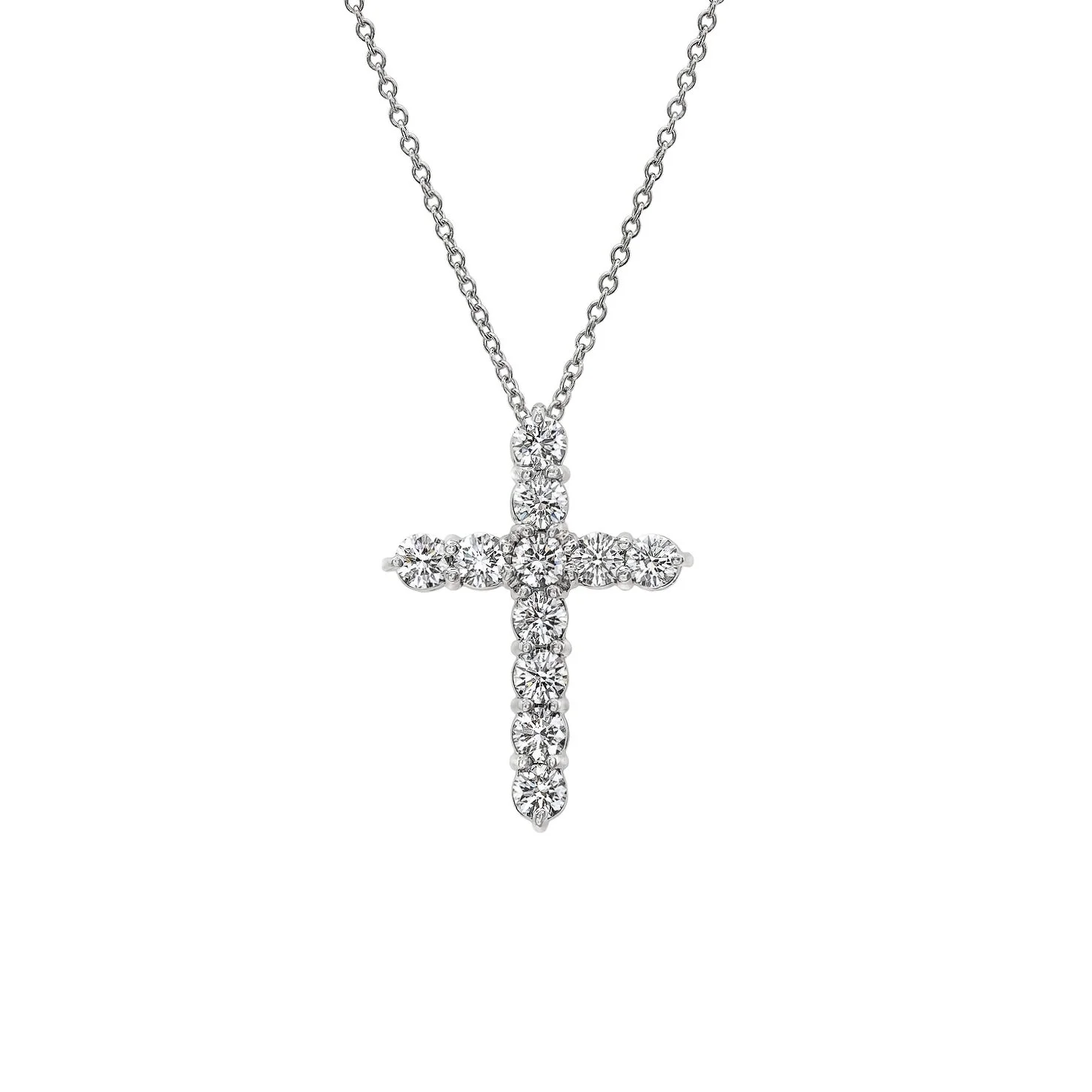 Traditional Cross Pendant; 1.00 carats of Round Brilliant Cut Diamonds. Set in 18k white gold. 