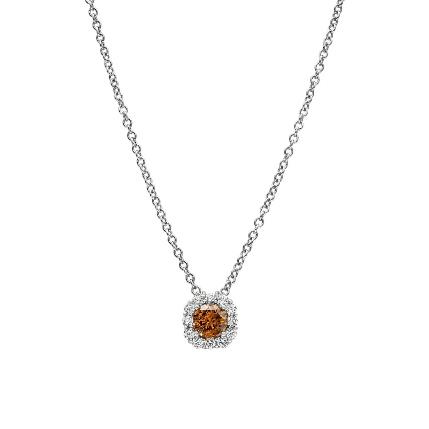 0.70 carat Round Fancy Deep Brownish-Yellowish Orange Diamond Pendant. 0.33&nbsp;carats of Round Brilliant Cut Diamonds surround the center stone. Set in 18k white gold.&nbsp;