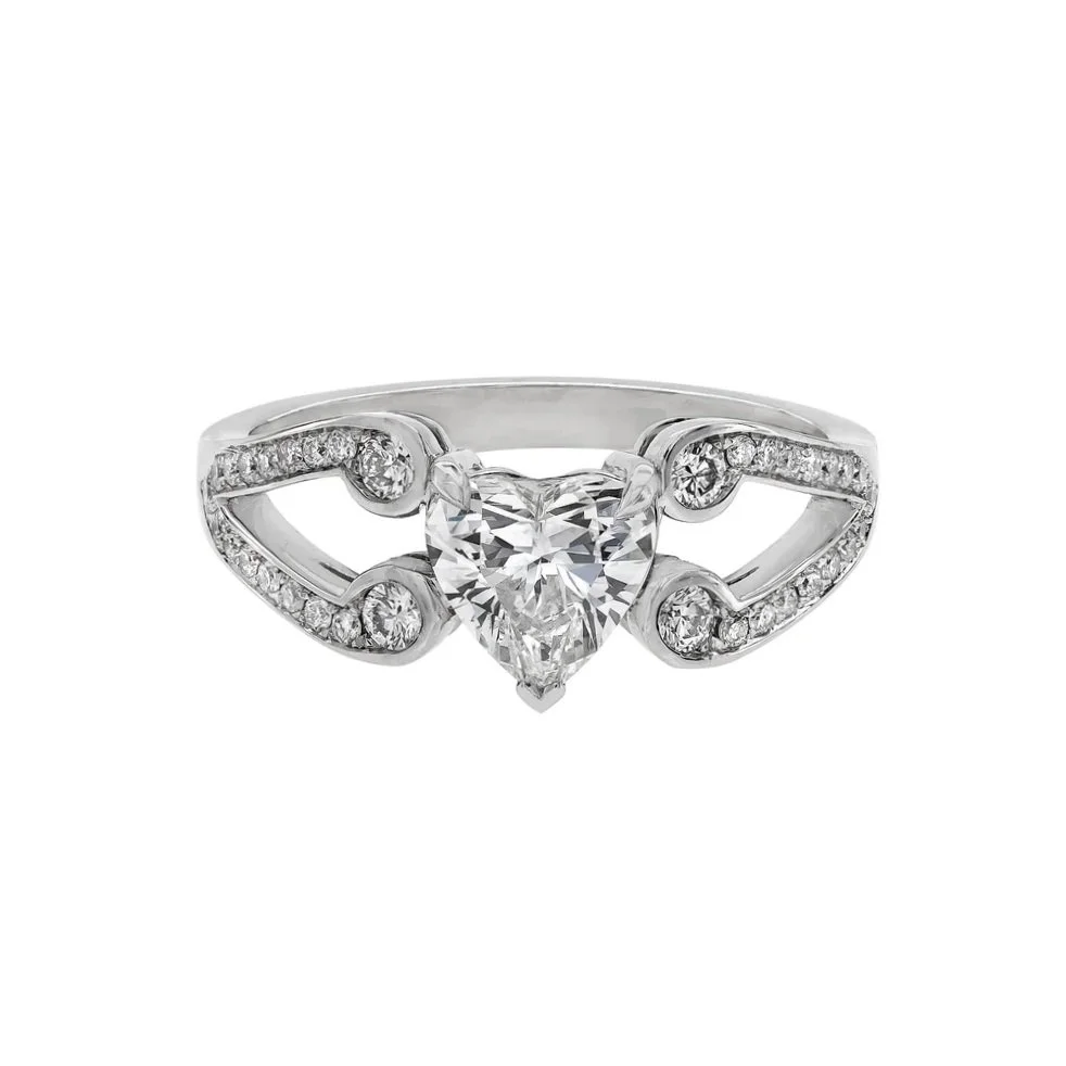 0.92 carat Heart Cut Diamond Ring; 1.30 carat total weight. Set in platinum. 
