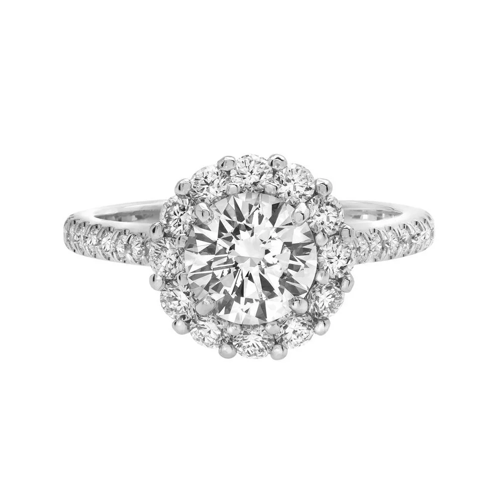 1.11 carat Round Brilliant Cut Diamond Custom Halo Ring; 1.79 carat total weight. Set in 14k white gold.