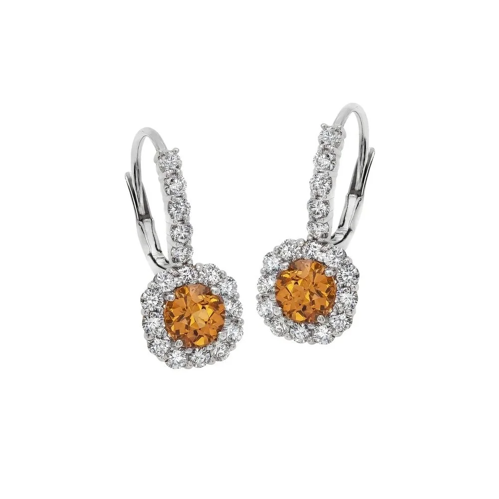 Garnet Drop Cluster Earrings; 2.25 Garnet carat total weight, surrounded by 1.18 carats of Round Brilliant Cut Diamonds. Set in 18k white gold. 