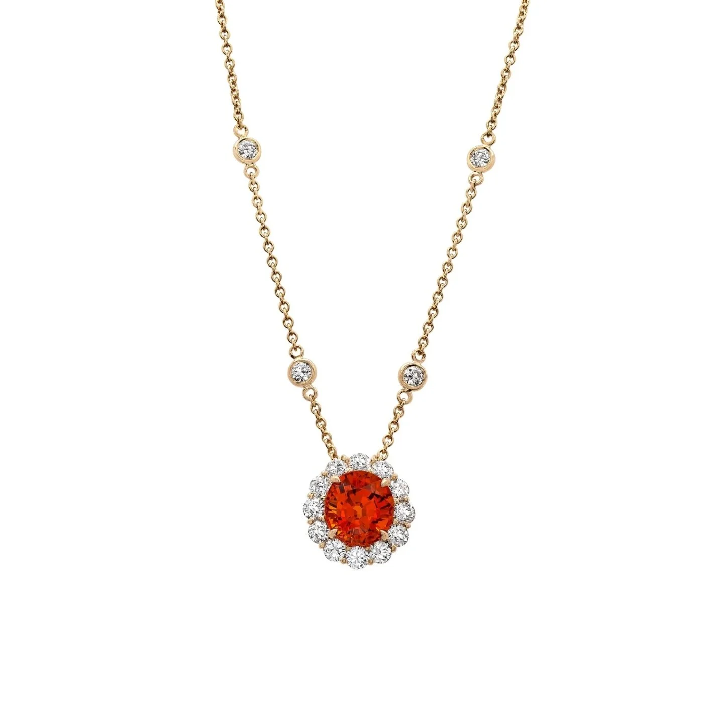 4.90 carat Round Spessartite Garnet Pendant. The halo contains 1.27 carats of Round Brilliant Cut Diamonds. The Pendant hangs on a lovely Diamonds by the Yard chain. Set in 18k yellow gold.