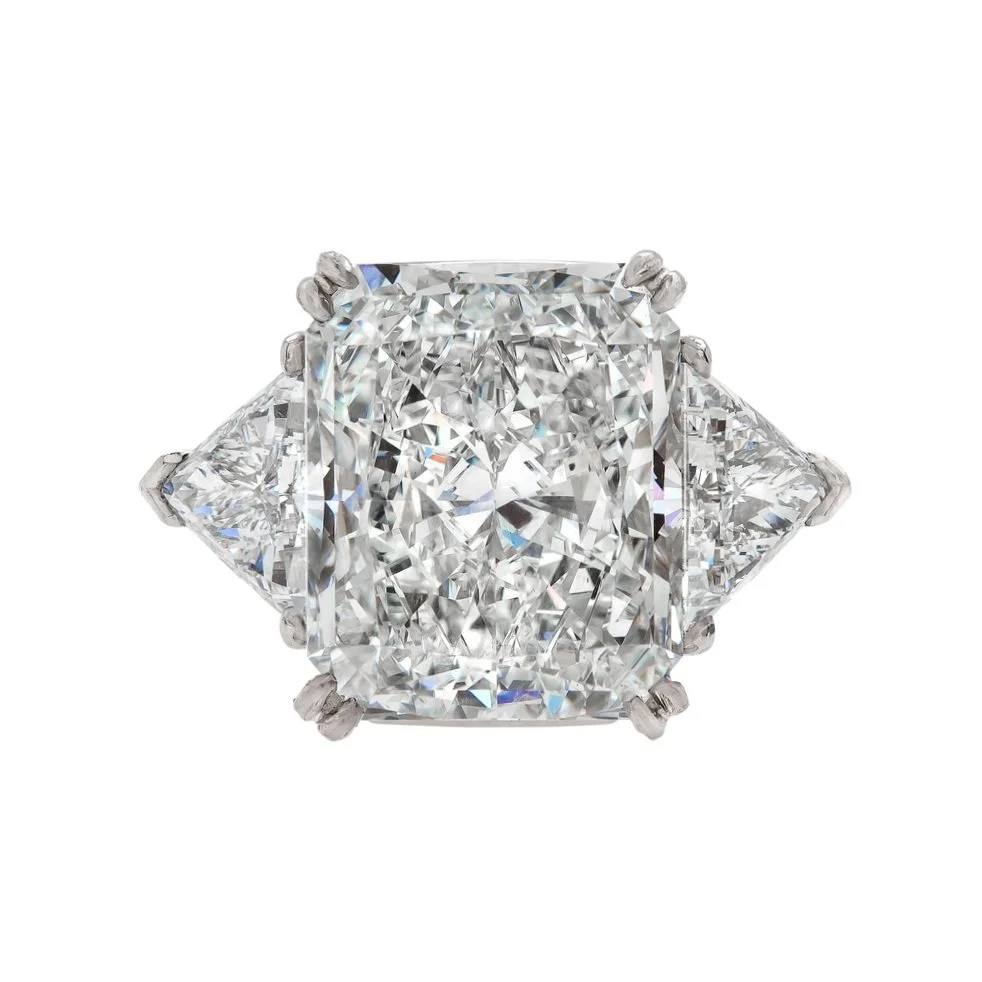 13.31 carat Radiant Cut Diamond 3 stone Ring. Set in platinum. 