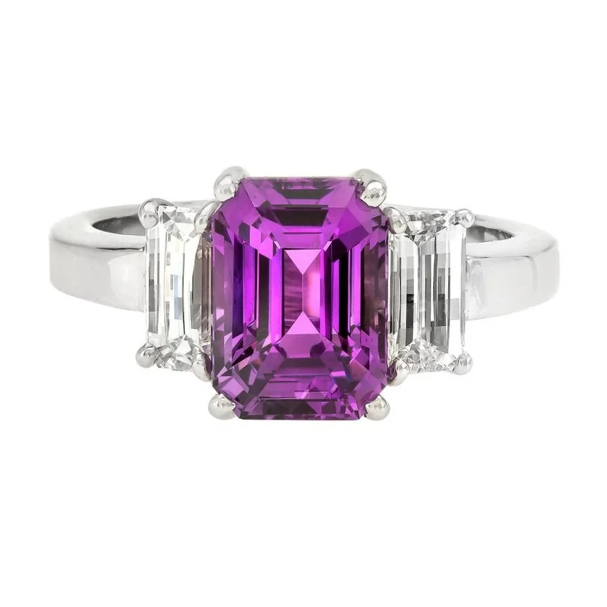 3.29 Purple Emerald Diamond Ring. 0.87 carats of Lighthouse Cut Diamonds surround the center stone. Set in platinum.