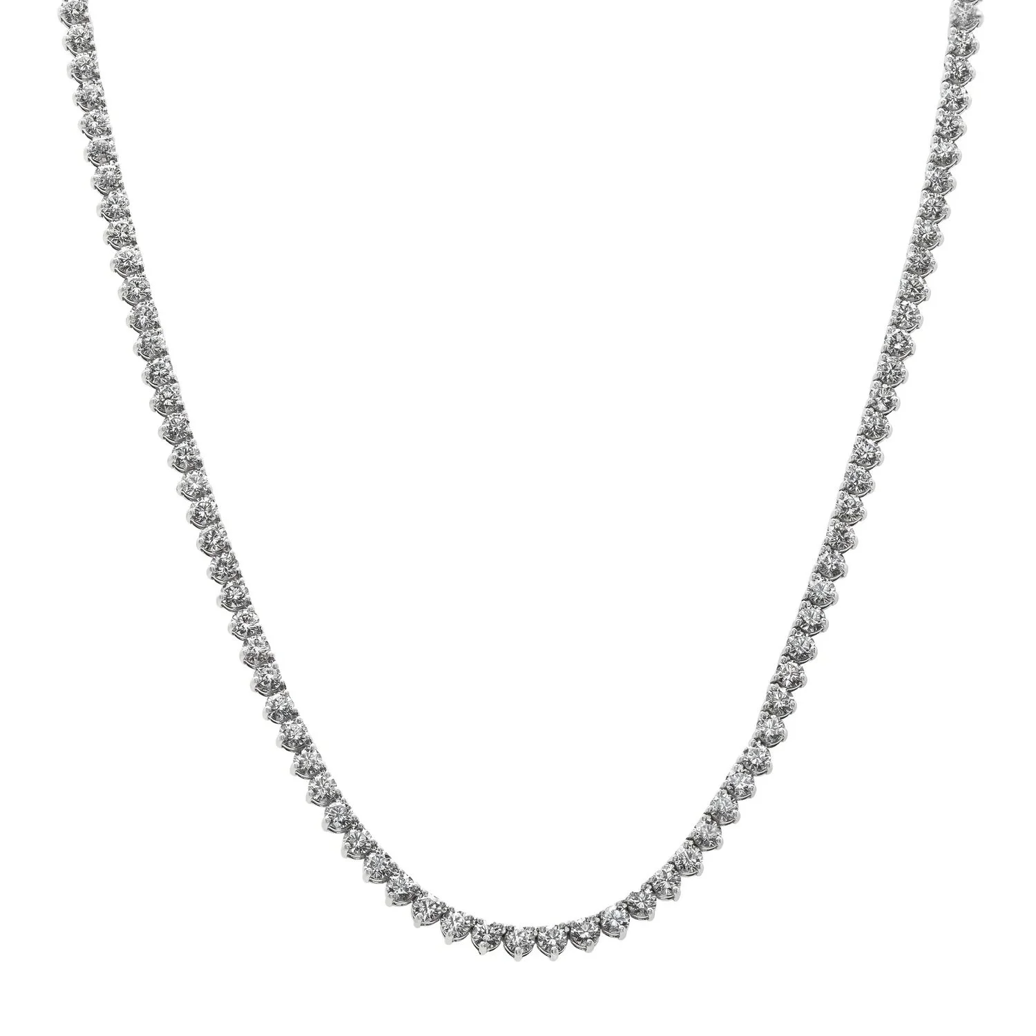 Tennis Necklace with 129 Round Brilliant Cut Diamonds; 17.43 carat total weight. Set in 18k white gold.