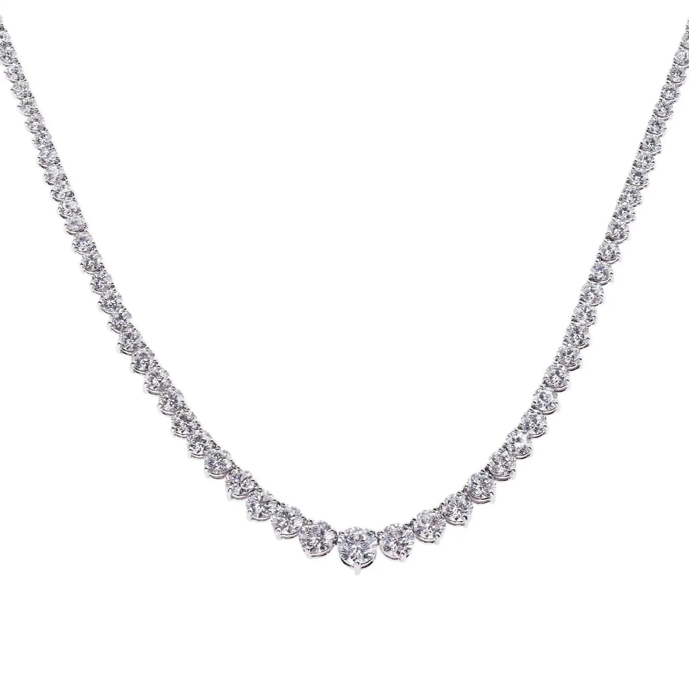 Riviera Necklace with 188 Round Brilliant Cut Diamonds; 25.17 carat total weight. Set in platinum.