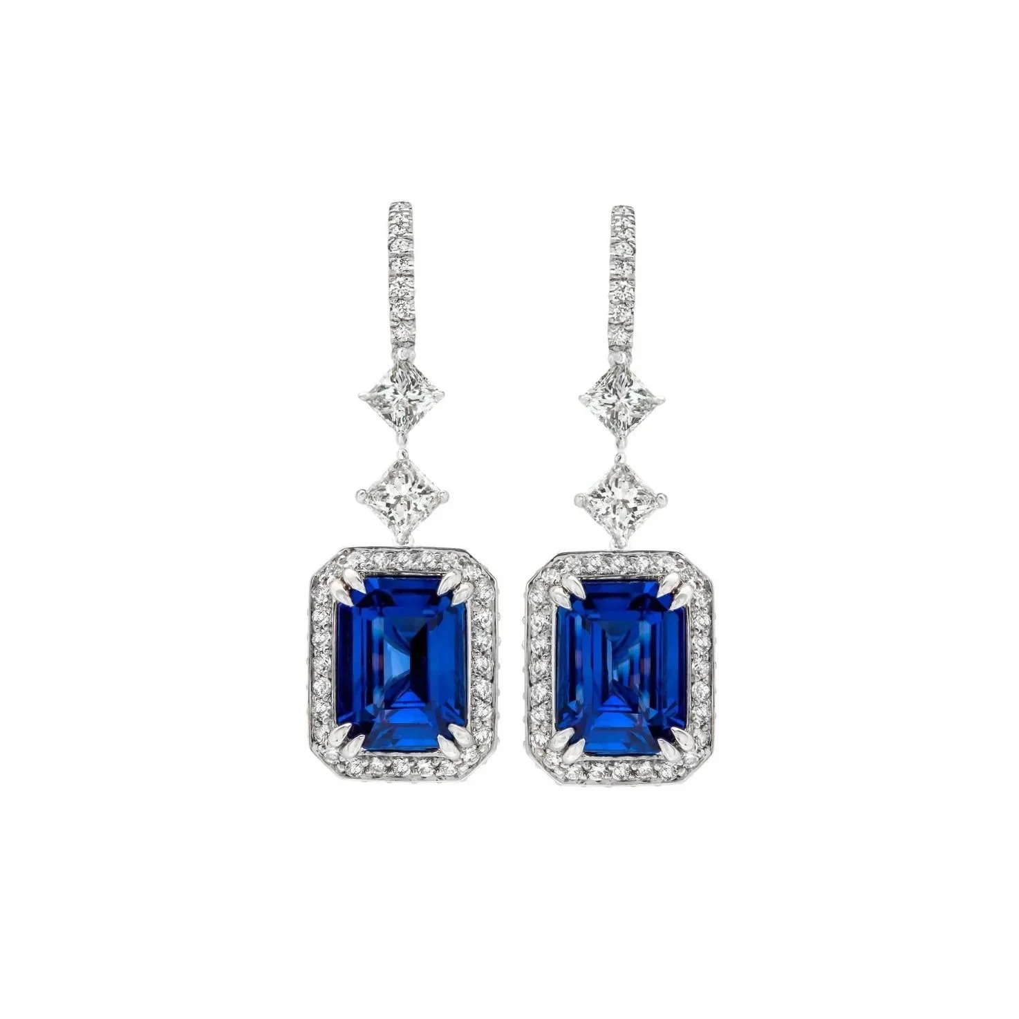 Sapphire Drop Earrings; 10.58&nbsp;carat Emerald Cut Sapphire carat total weight with 1.21 carats of Princess Cut Diamonds and 0.81 carats of Round Brilliant Cut Diamonds. Set in platinum.