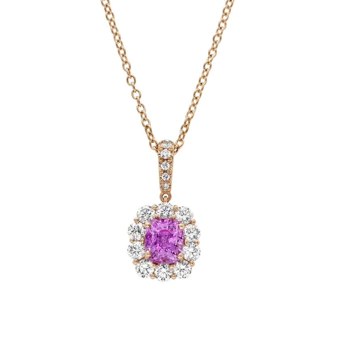 2.14&nbsp;carat Cushion Pink Sapphire&nbsp;Pendant. 1.15&nbsp;carats of Round Brilliant Cut Diamonds surround the center stone. Set in 18k rose gold.&nbsp;