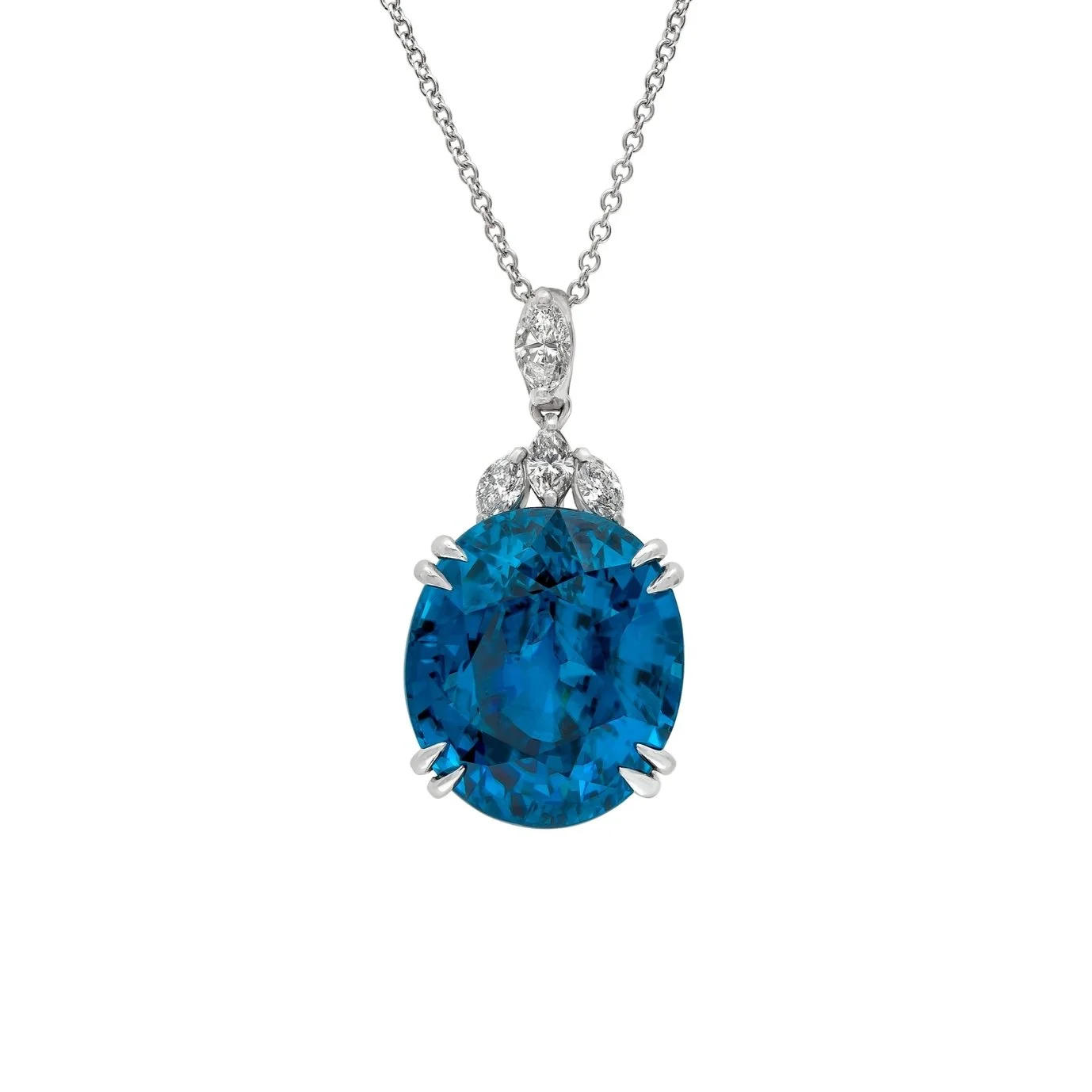 31.08 carat Oval Blue Zircon Pendant. 0.54 carats of Marquise Cut Diamonds lead up the bale of the Pendant. Set in 18k white gold. 