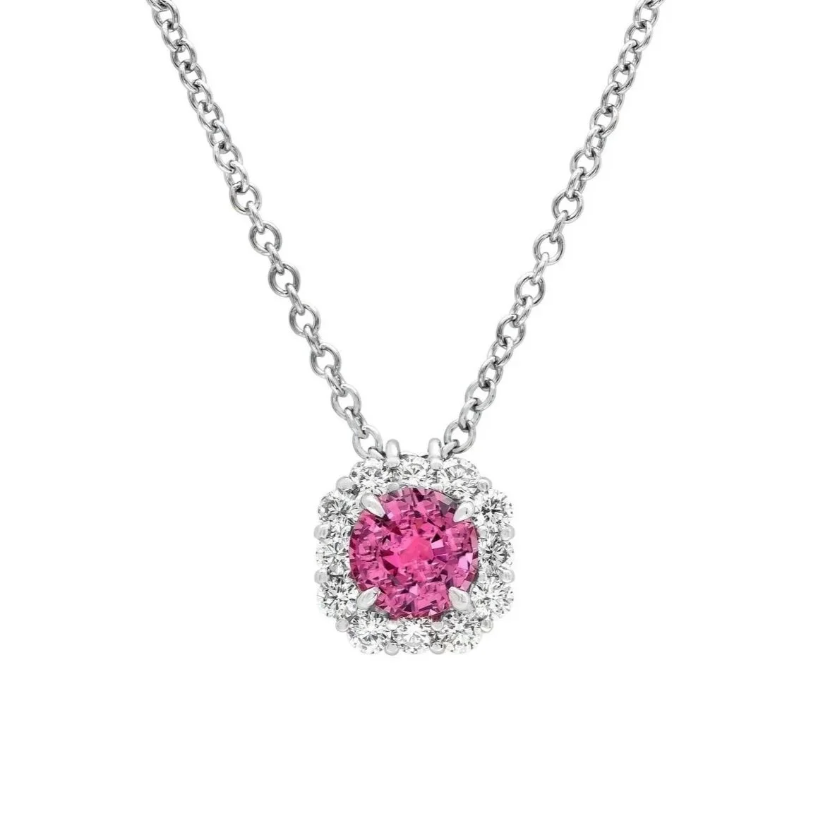 1.16&nbsp;carat Round Pink Spinel Pendant. 0.46 carats of Round Brilliant Cut Diamonds surround the center stone. Set in 18k white gold.&nbsp;