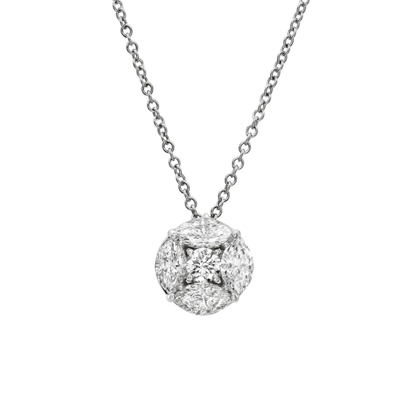 Signature 'Lee' Pendant; featuring one 0.33 carat Round Brilliant Cut Diamond surrounded by 1.97 carats of Marquise Cut Diamonds. Set in 18k white gold.