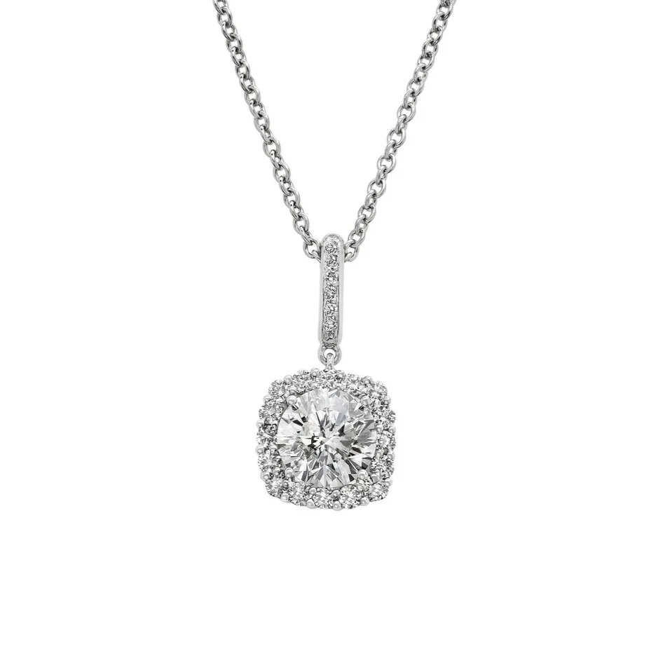2.00 carat Round Diamond Pendant. 0.30 carats of Round Brilliant Cut Diamonds surround the center stone in a cushion-shaped halo with diamonds up the bale. Set in 18k white gold. 