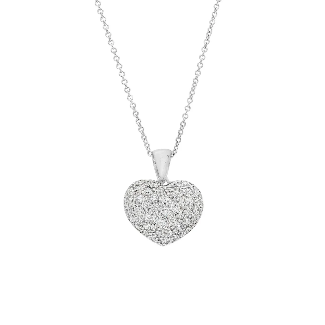 Puffed Heart Pendant, 0.86 carat total weight in Round Brilliant Cut Diamonds. Set in 18k white gold.