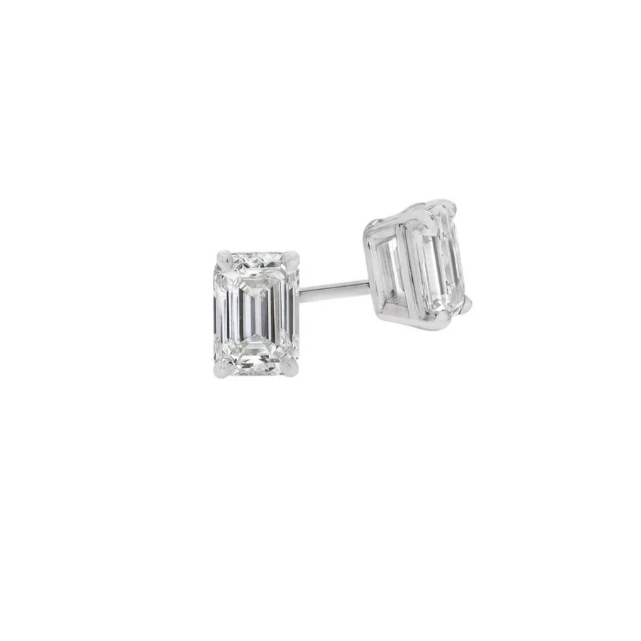 Emerald Cut Stud Earrings; 1.06 carat total weight. Set in 14k white gold.